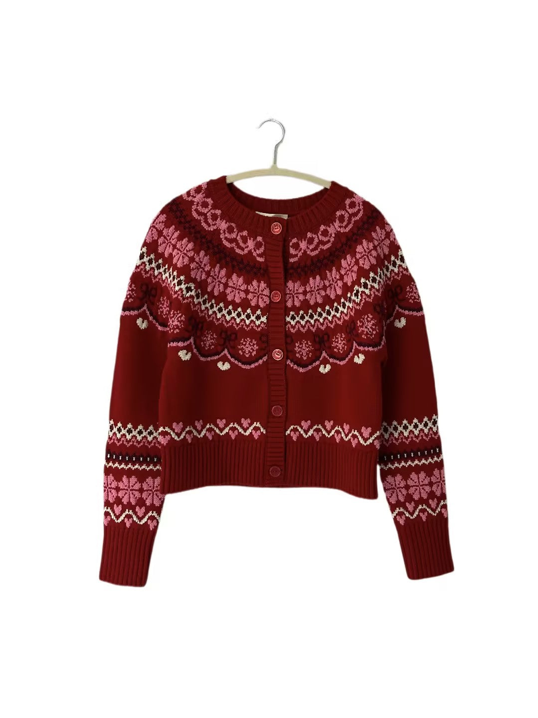 LSF Shantae Wool Fair Isle Cardigan - Red Velvet Truffle
