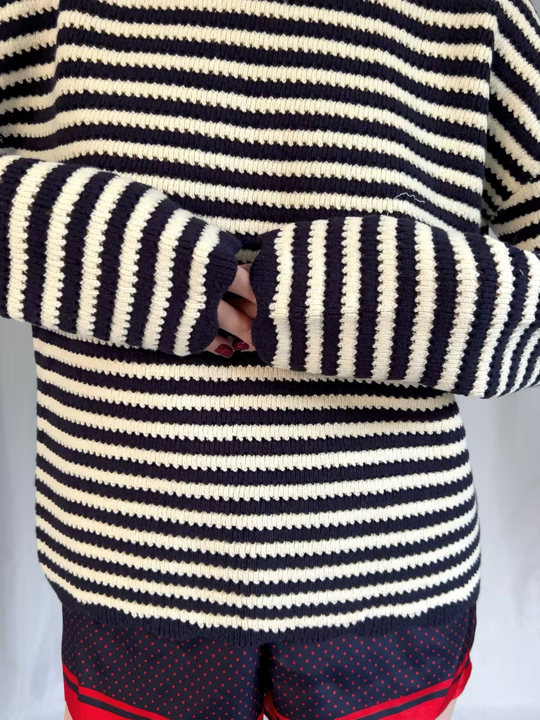 CL Stripe Crochet Crewneck Sweater in S