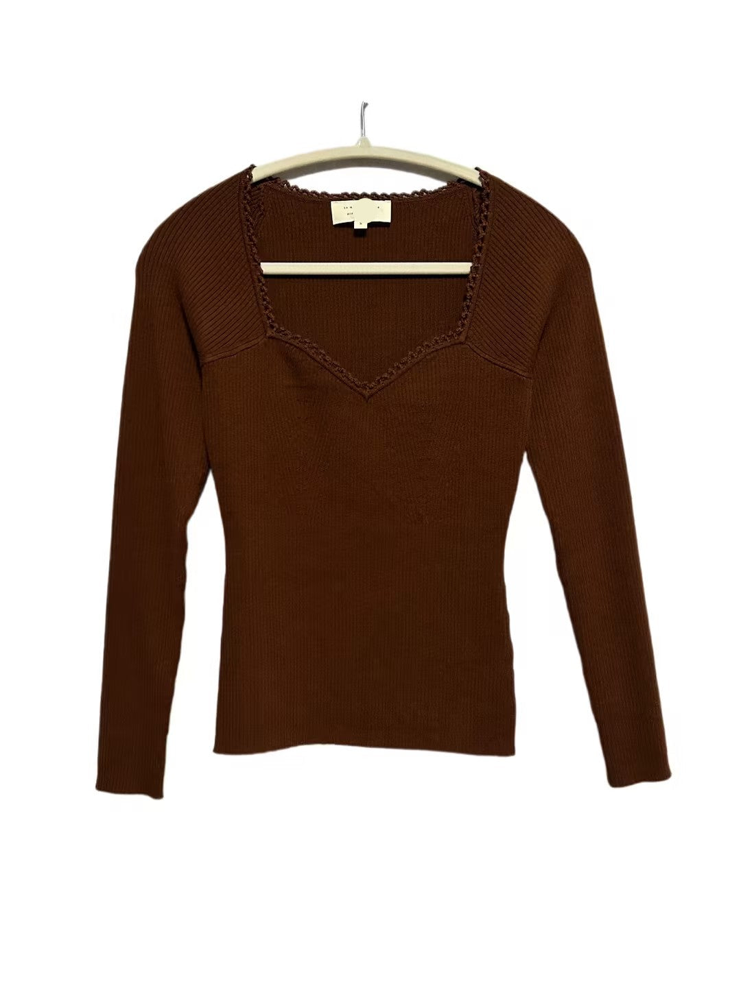 Sezane Maha Jumper in chestnut brown color, brown merino sweater.