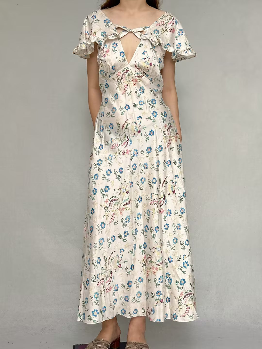 silk dress xs Women's Timeless Slit Diagonal Neck Taffeta Silk Floor Length Dress XS/S/M/L/XL/White/MEAN BLVD White / XS