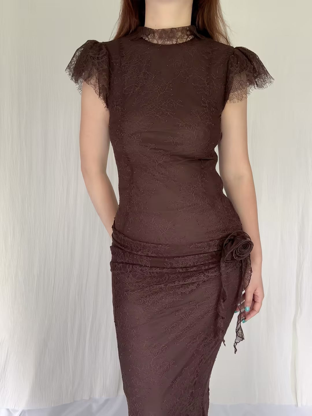 Robe longue Silentium - Dentelle marron chocolat en UK8