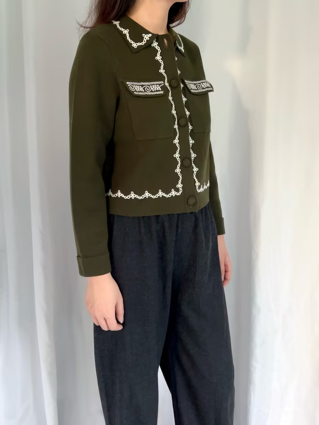 Betty Cardigan - Khaki Ecru Embroidery