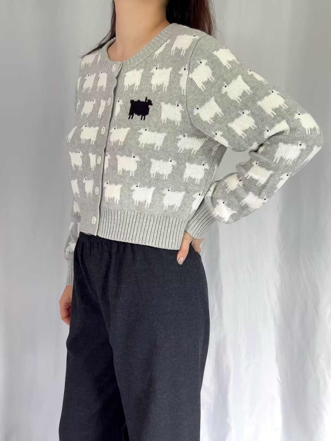 WW Cotton Cropped Sheep Cardigan - Heather Gray (contact for other sizes)