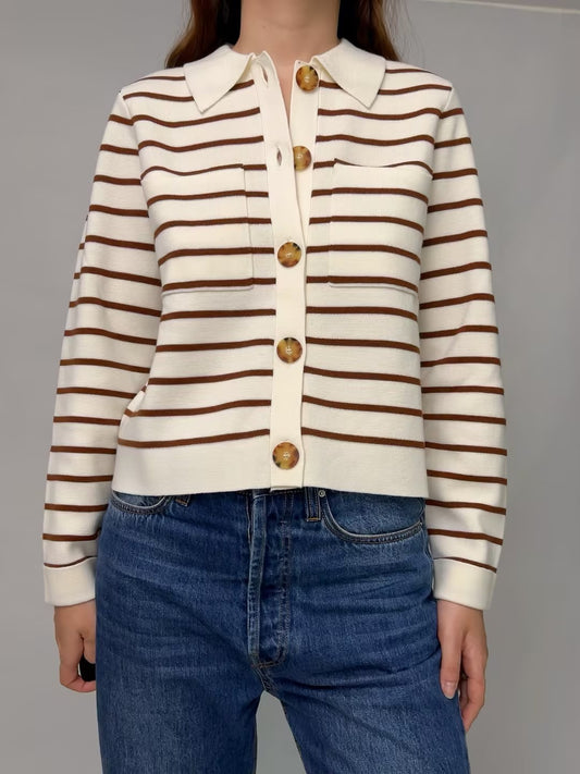 Betty Merino Wool Cardigan in Ecru/Camel Stripe