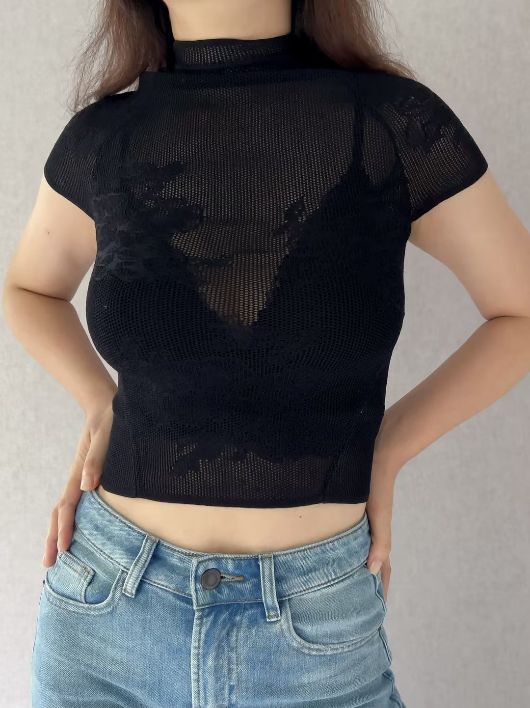 FdM Lace Pointelle Tee - Black in XS