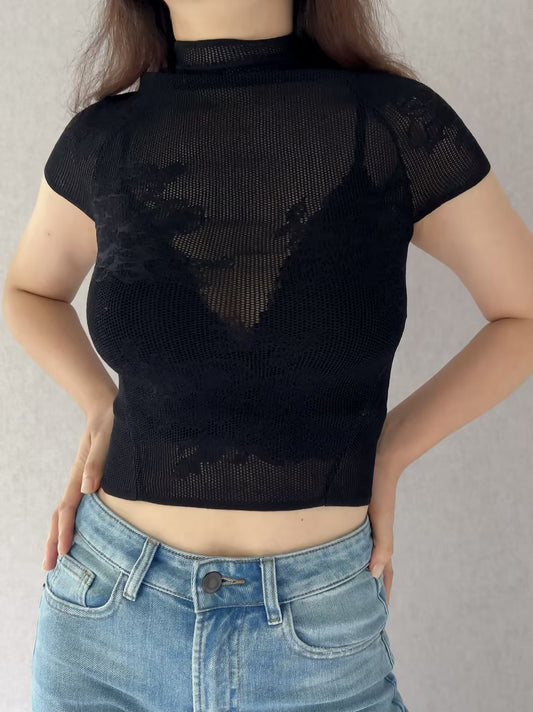FdM Lace Pointelle Tee - Black in XS