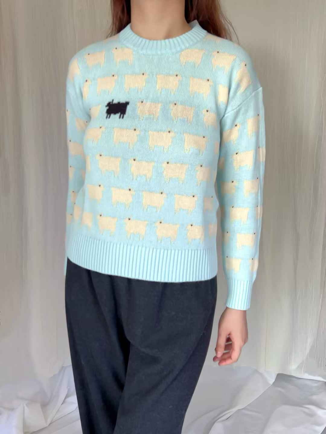 WW Women's Fitted Cotton Line  Sheep Sweater - Blue