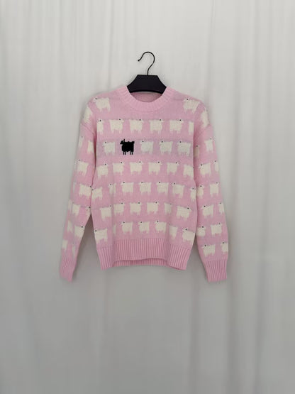 Women's Fitted Cotton Sheep Sweater - Pink