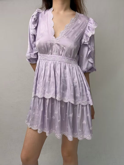 Purple Embroidered Ruffled Mini Dress [size 36 sample sale]