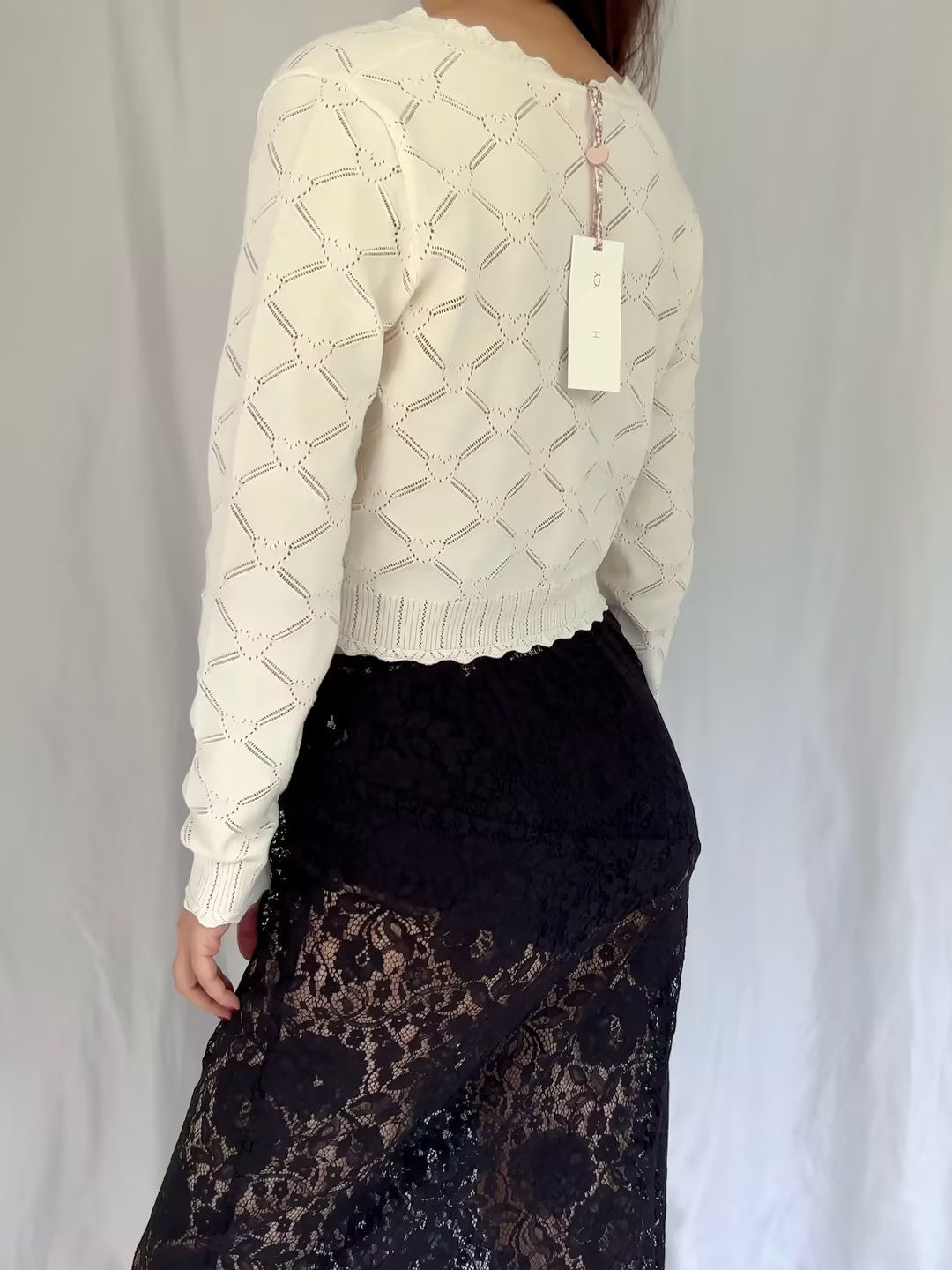 LSF Petra Knit Heart Argyle Cardigan - Parchment