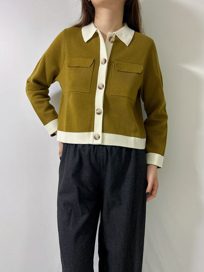 Betty Merino Wool Cardigan in Olive Green with Ecru Details