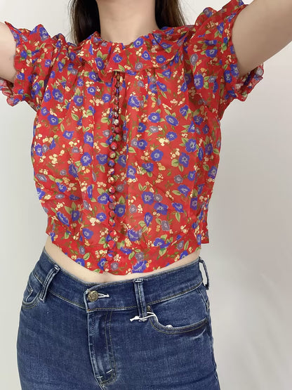 Anaise Floral Silk Top in Red Dayflower Meadow