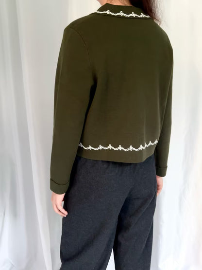 Betty Cardigan - Khaki Ecru Embroidery