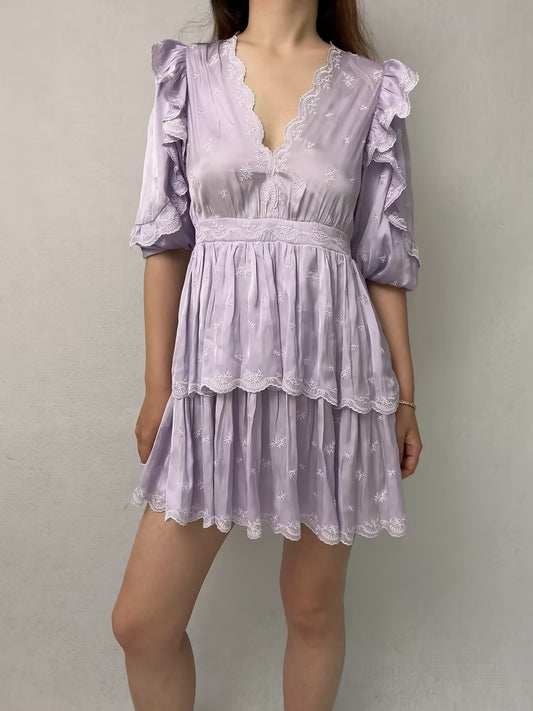 Purple Embroidered Ruffled Mini Dress [size 36 sample sale]