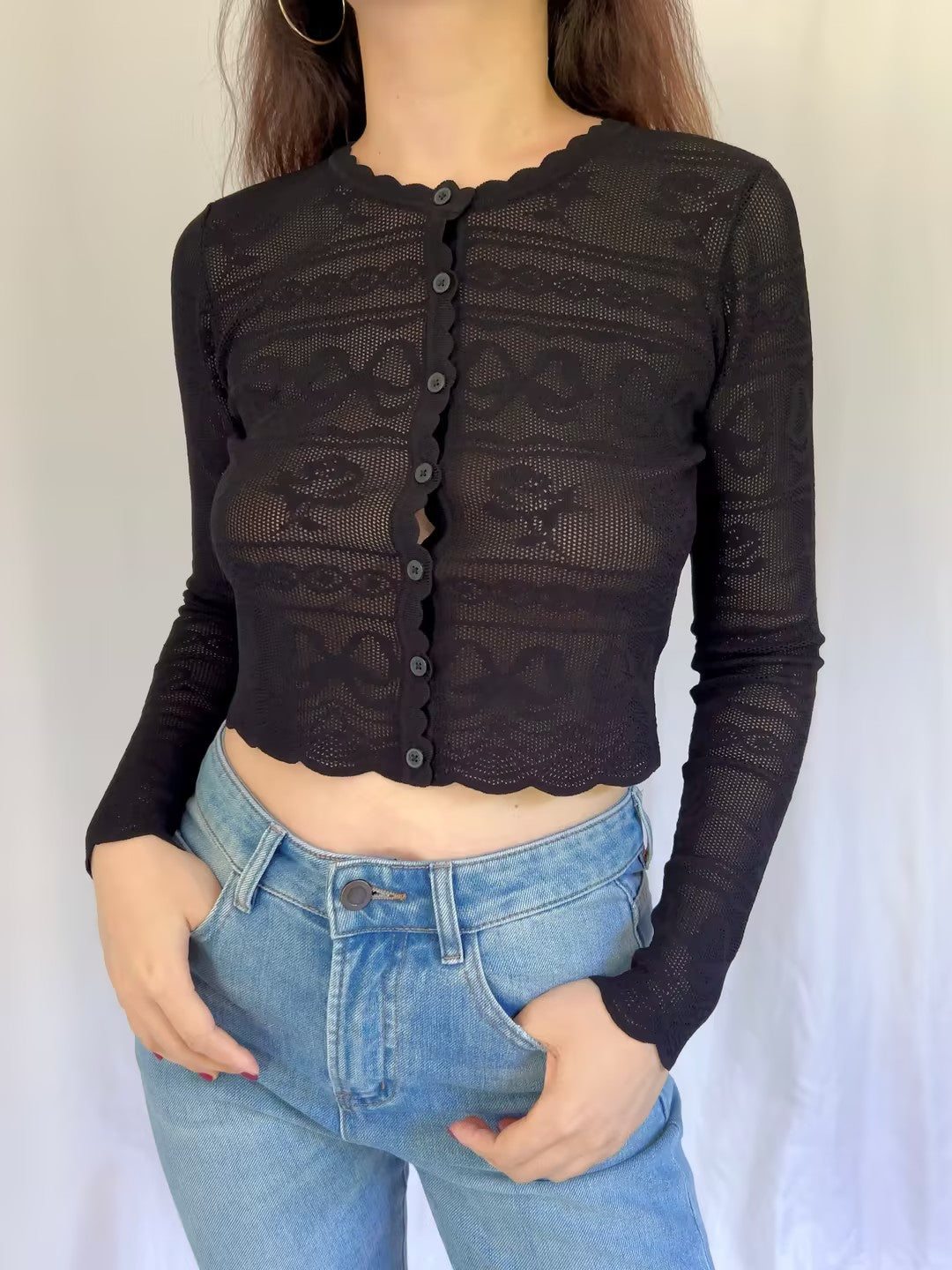 Cardigan festonné en pointelle LSF Media [Dernier stock]