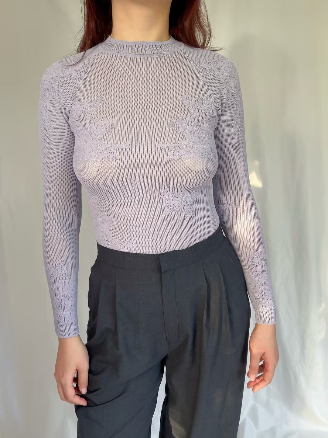 FdM Lace Pointelle Long Sleeve Bodysuit - Smoked Lavender