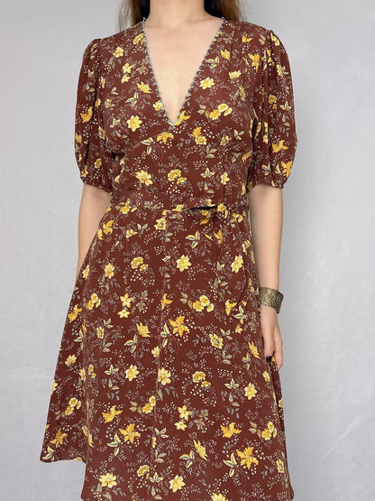 V-Neckline Floral Silk Dress