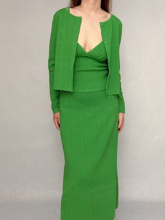 Set: Suzie Top, Elie Cardigan, Francine Skirt in Green [size M sample sale]