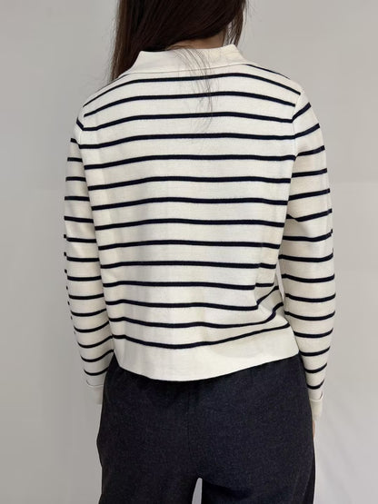 Betty Merino Wool Cardigan in Striped Ecru / Navy