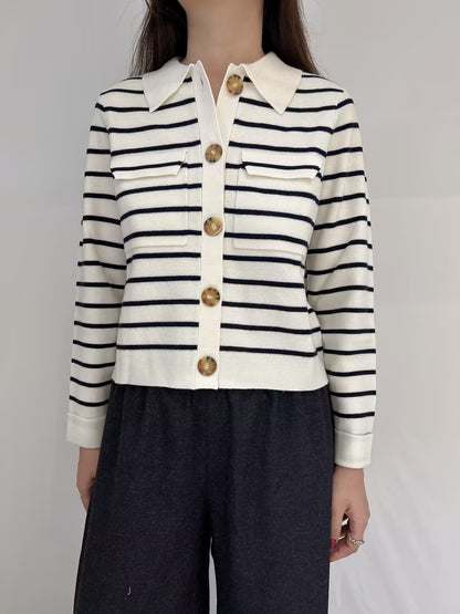 Betty Merino Wool Cardigan in Striped Ecru / Navy