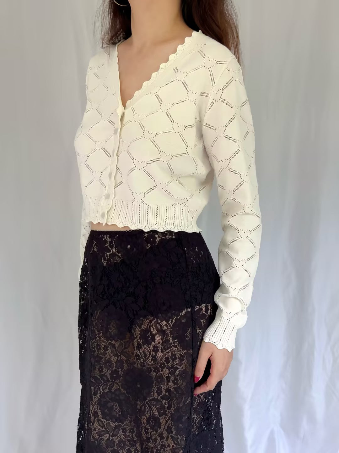 LSF Petra Knit Heart Argyle Cardigan - Parchment