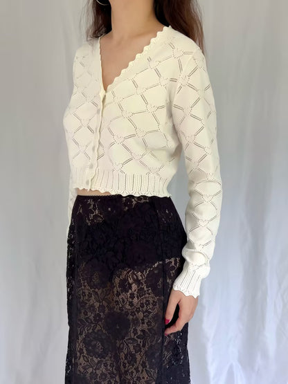 LSF Petra Knit Heart Argyle Cardigan - Parchment