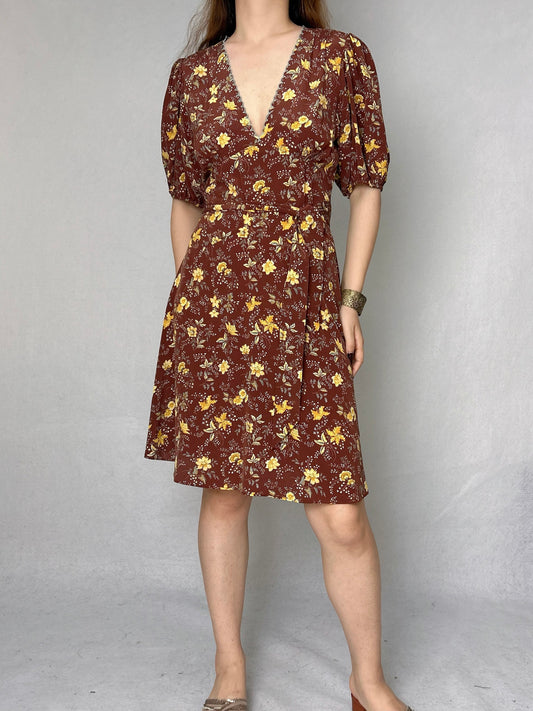 V-Neckline Floral Silk Dress