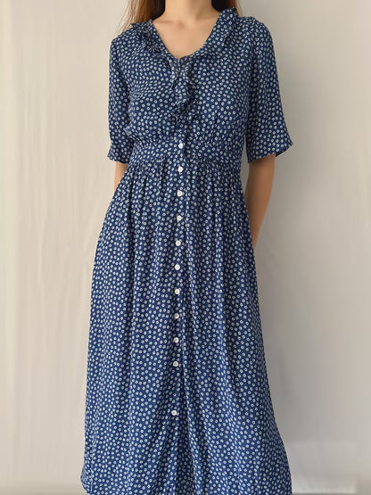 Vintage-Inspired Navy Floral Long Dress