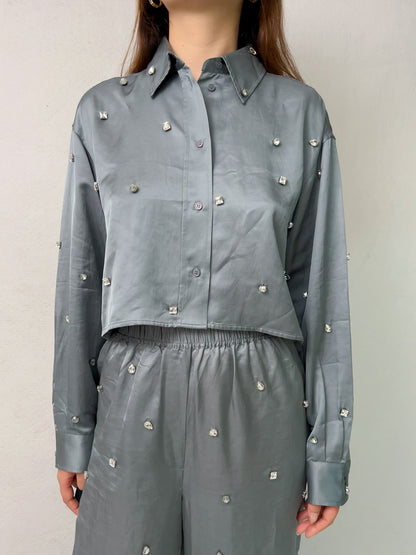 Set: Satiny Rhinestone Shirt, Trousers [size 36 sample sale]