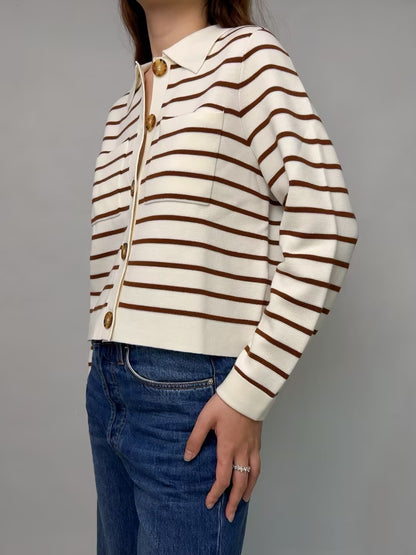 Betty Merino Wool Cardigan in Ecru/Camel Stripe