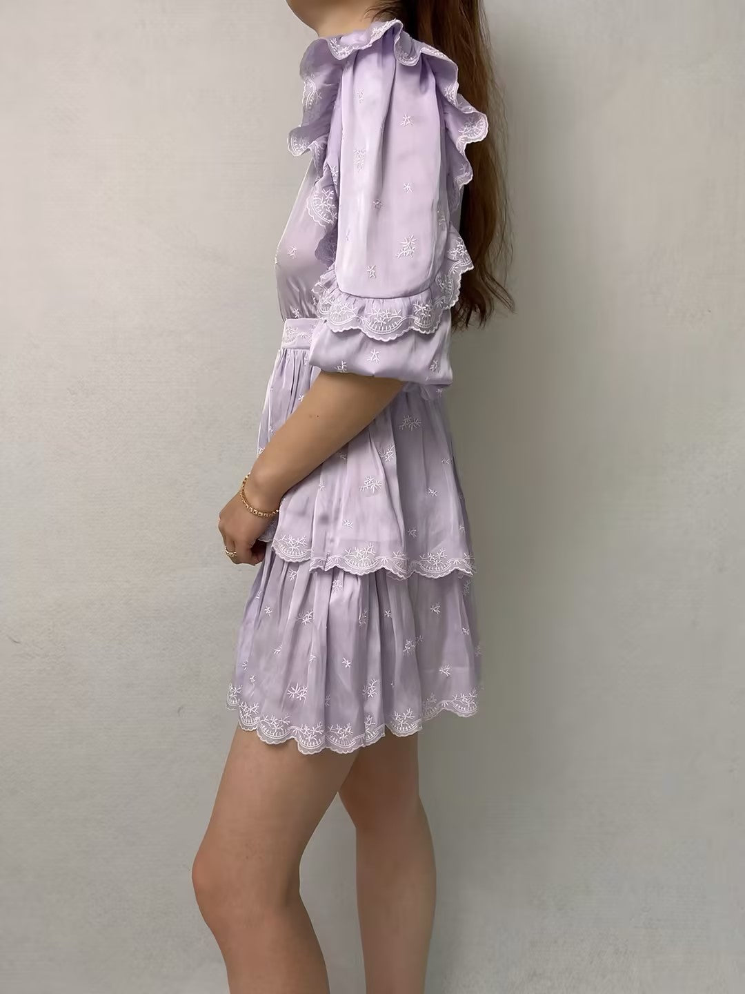 Purple Embroidered Ruffled Mini Dress [size 36 sample sale]