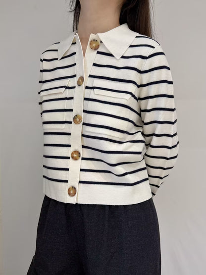 Betty Merino Wool Cardigan in Striped Ecru / Navy