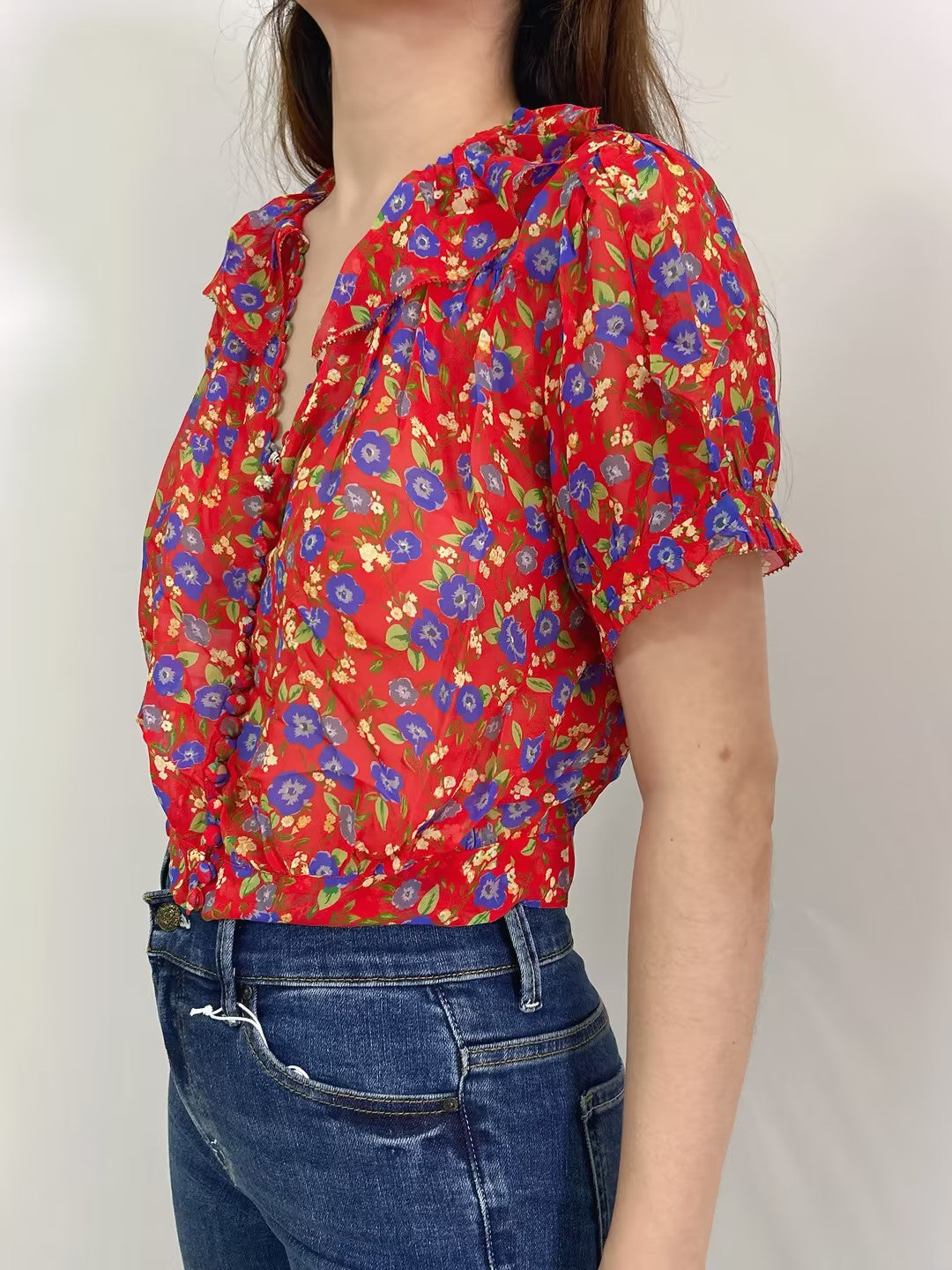 Anaise Floral Silk Top in Red Dayflower Meadow