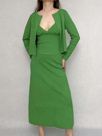 Set: Suzie Top, Elie Cardigan, Francine Skirt in Green [size M sample sale]