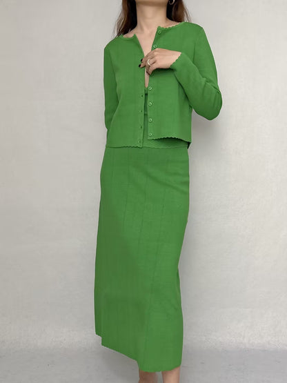 Set: Suzie Top, Elie Cardigan, Francine Skirt in Green [size M sample sale]