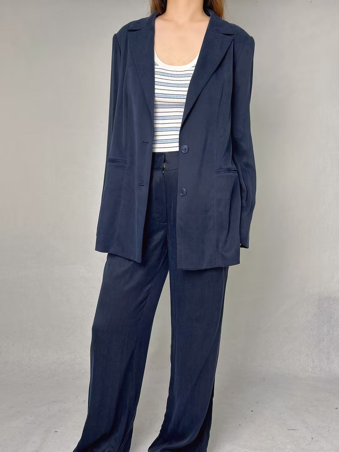 A Stretch Cupro: Relaxed Longline Blazer, Structured Work Trouser