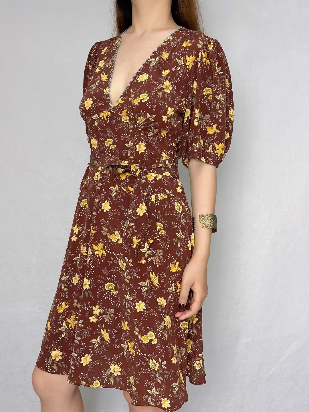 V-Neckline Floral Silk Dress