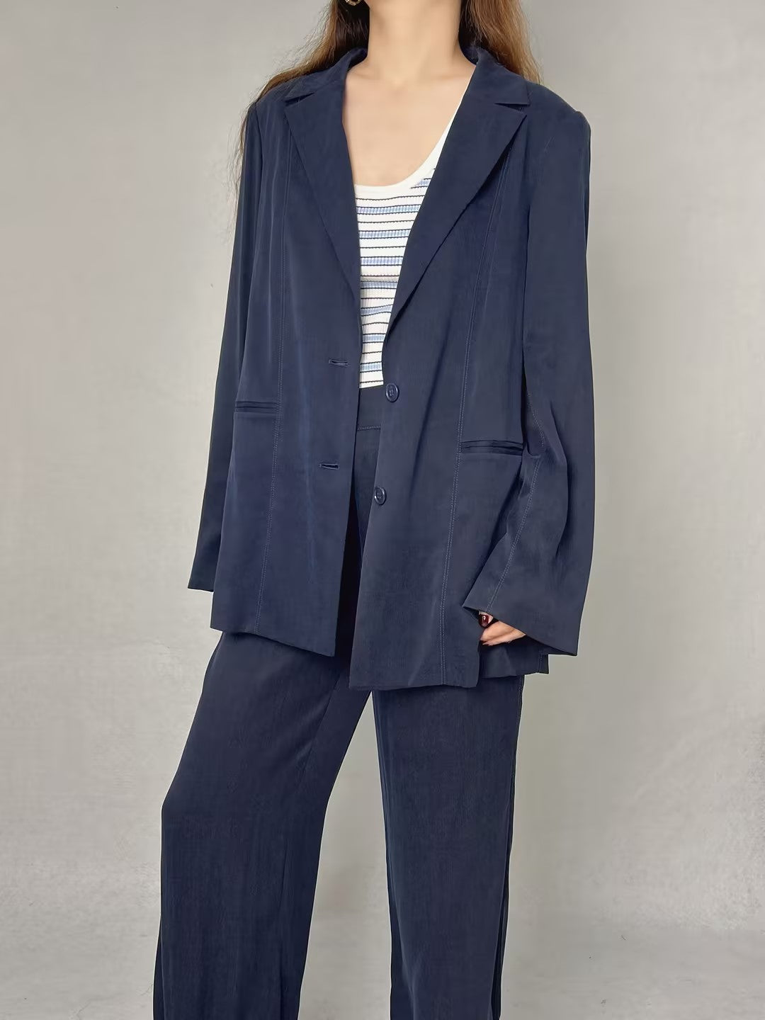 A Stretch Cupro: Relaxed Longline Blazer, Structured Work Trouser