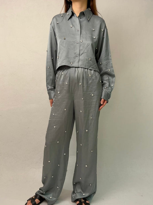 Set: Satiny Rhinestone Shirt, Trousers [size 36 sample sale]