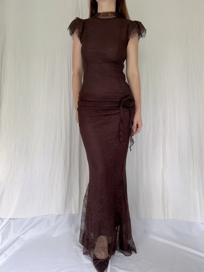 Robe longue Silentium - Dentelle marron chocolat en UK8