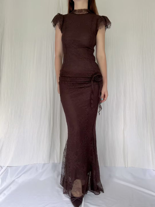 Robe longue Silentium - Dentelle marron chocolat en UK8