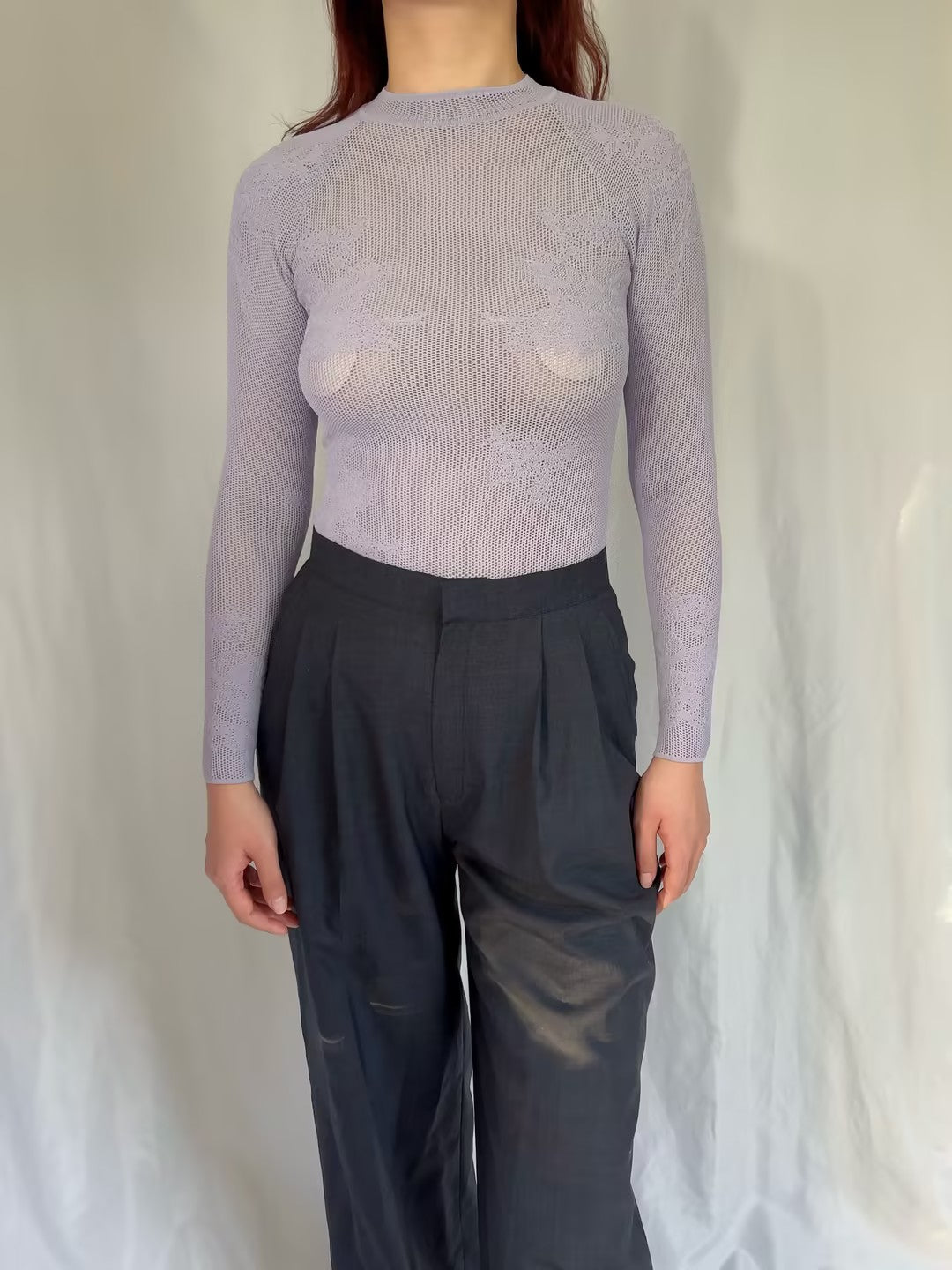 FdM Lace Pointelle Long Sleeve Bodysuit - Smoked Lavender