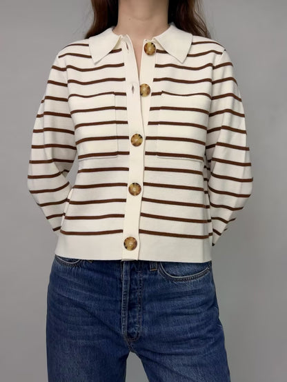 Betty Merino Wool Cardigan in Ecru/Camel Stripe