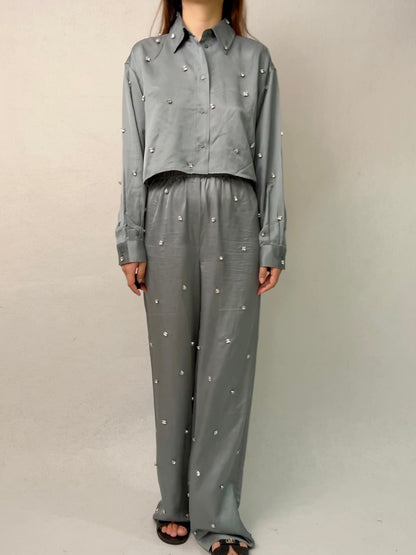 Set: Satiny Rhinestone Shirt, Trousers [size 36 sample sale]