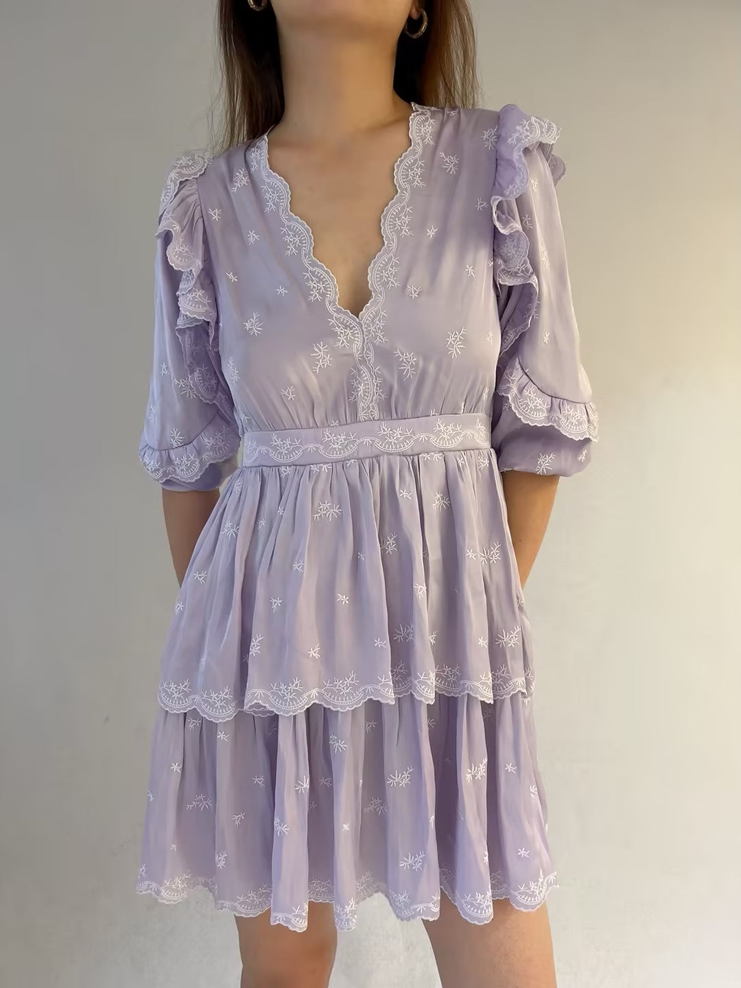 Purple Embroidered Ruffled Mini Dress [size 36 sample sale]