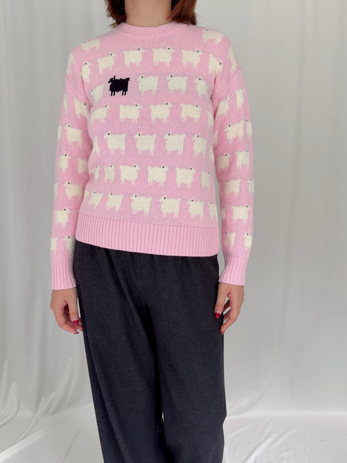 Women's Fitted Cotton Sheep Sweater - Pink
