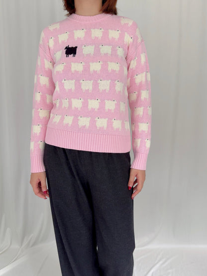 Women's Fitted Cotton Sheep Sweater - Pink