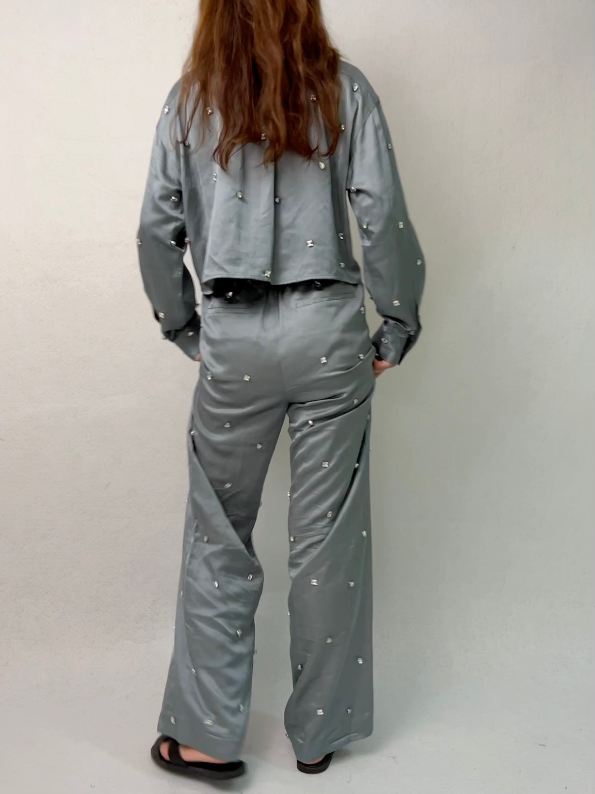 Set: Satiny Rhinestone Shirt, Trousers [size 36 sample sale]