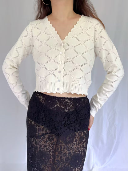 LSF Petra Knit Heart Argyle Cardigan - Parchment