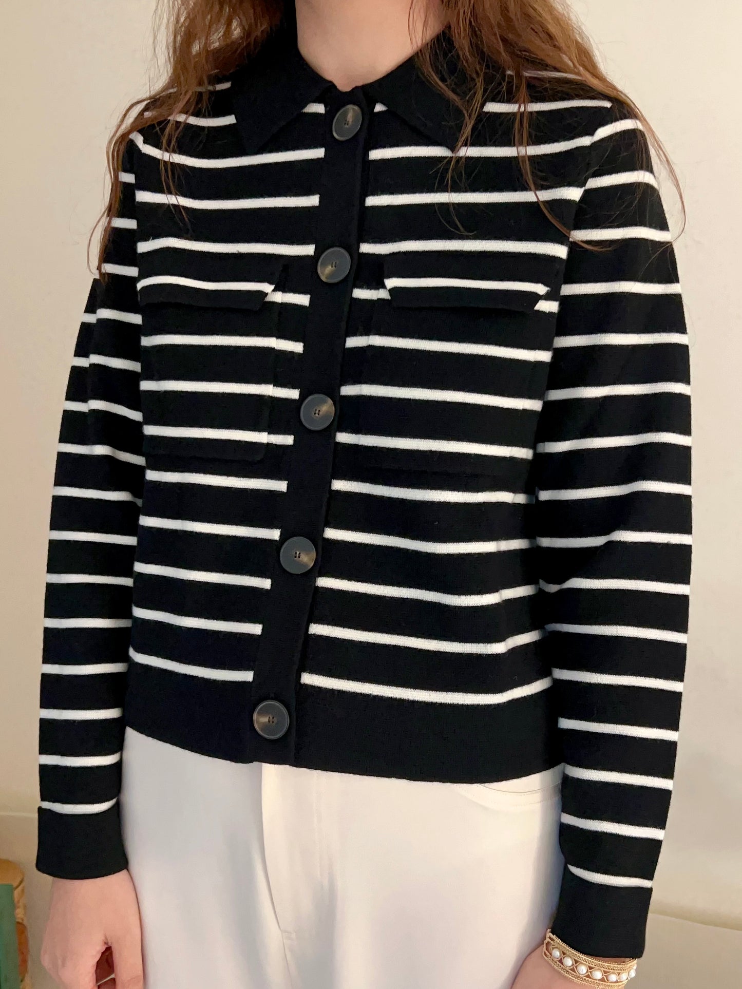 Betty Merino Wool Cardigan in Black/Ecru Stripe